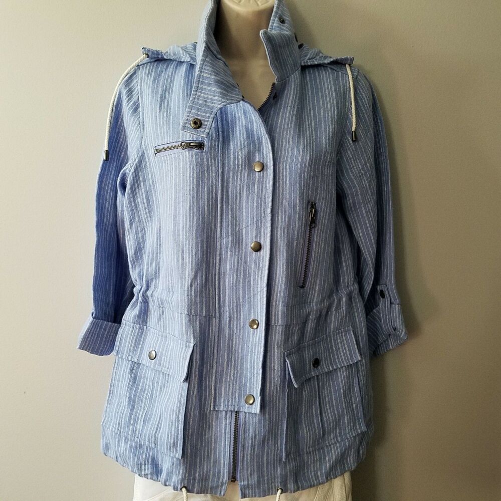 Joie women Anorak jacket Barker Linen Striped Hooded blue white fabric sz S New - Picture 2 of 9